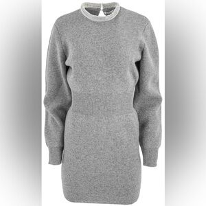 ALEXANDER WANG CINCHED WAIST DRESS WITH CRYSTAL NECKLINE IN GREY